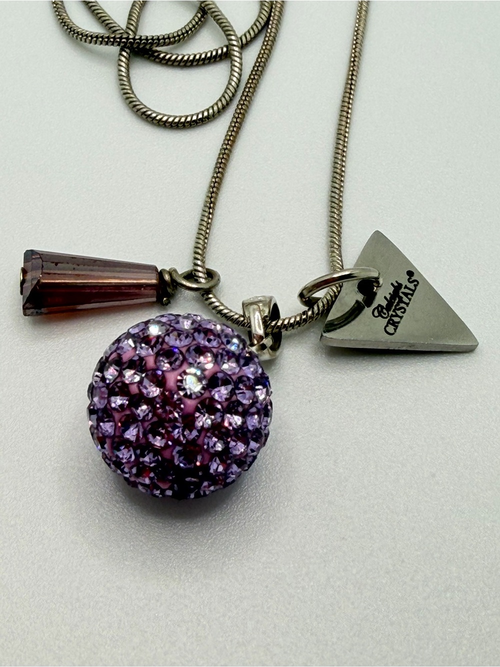 Silver 925 Purple Crystal Pave Ball Pendant Necklace with Silver-Tone Chain
